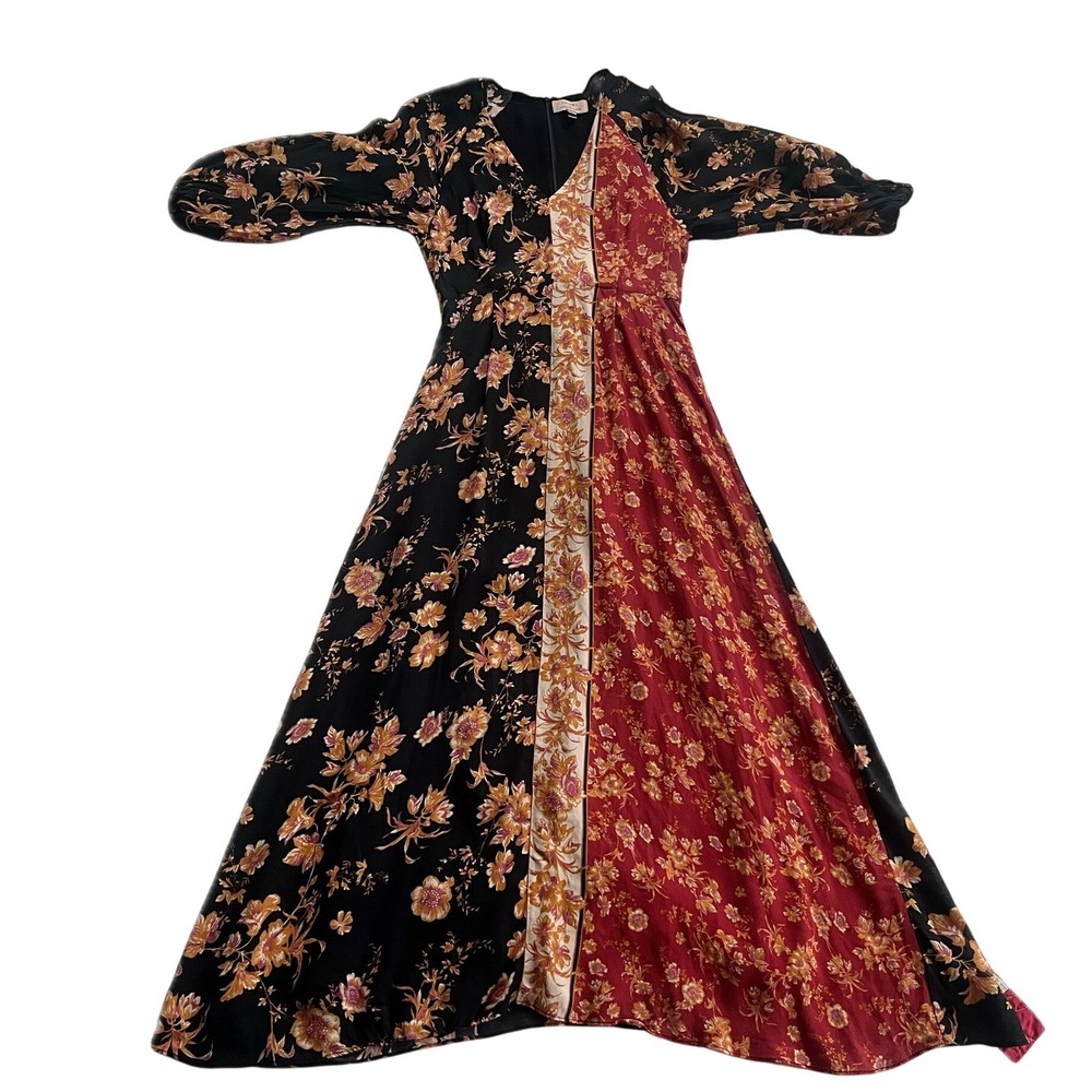 Kachel x Anthropologie Floral Colorblock Maxi Dress Black Red Fall Prarie Sz 2